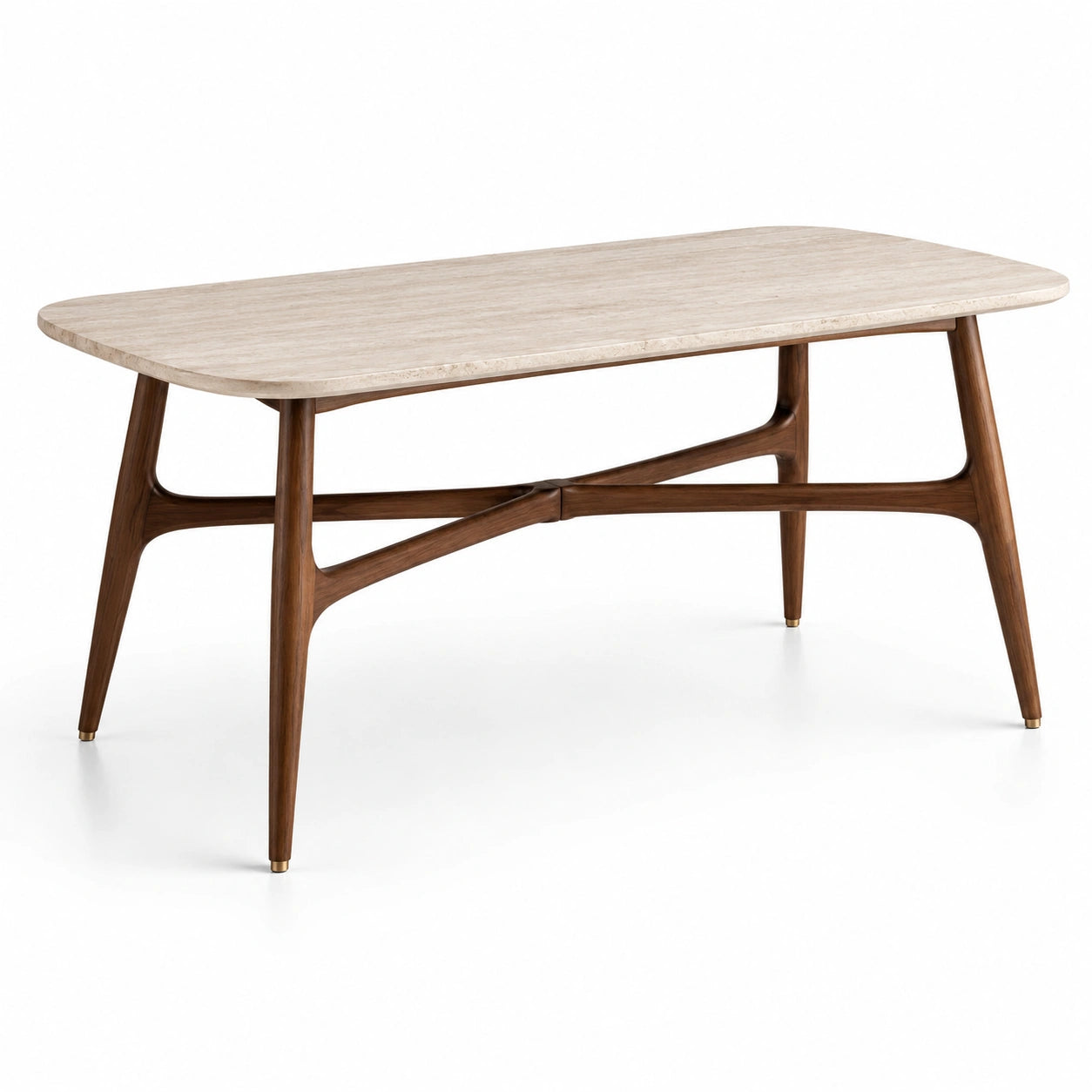 Esstisch mit Steinplatte und Holzgestell, 160 x 80 x 76 cm, Beige/Walnussbraun/Messingfarben