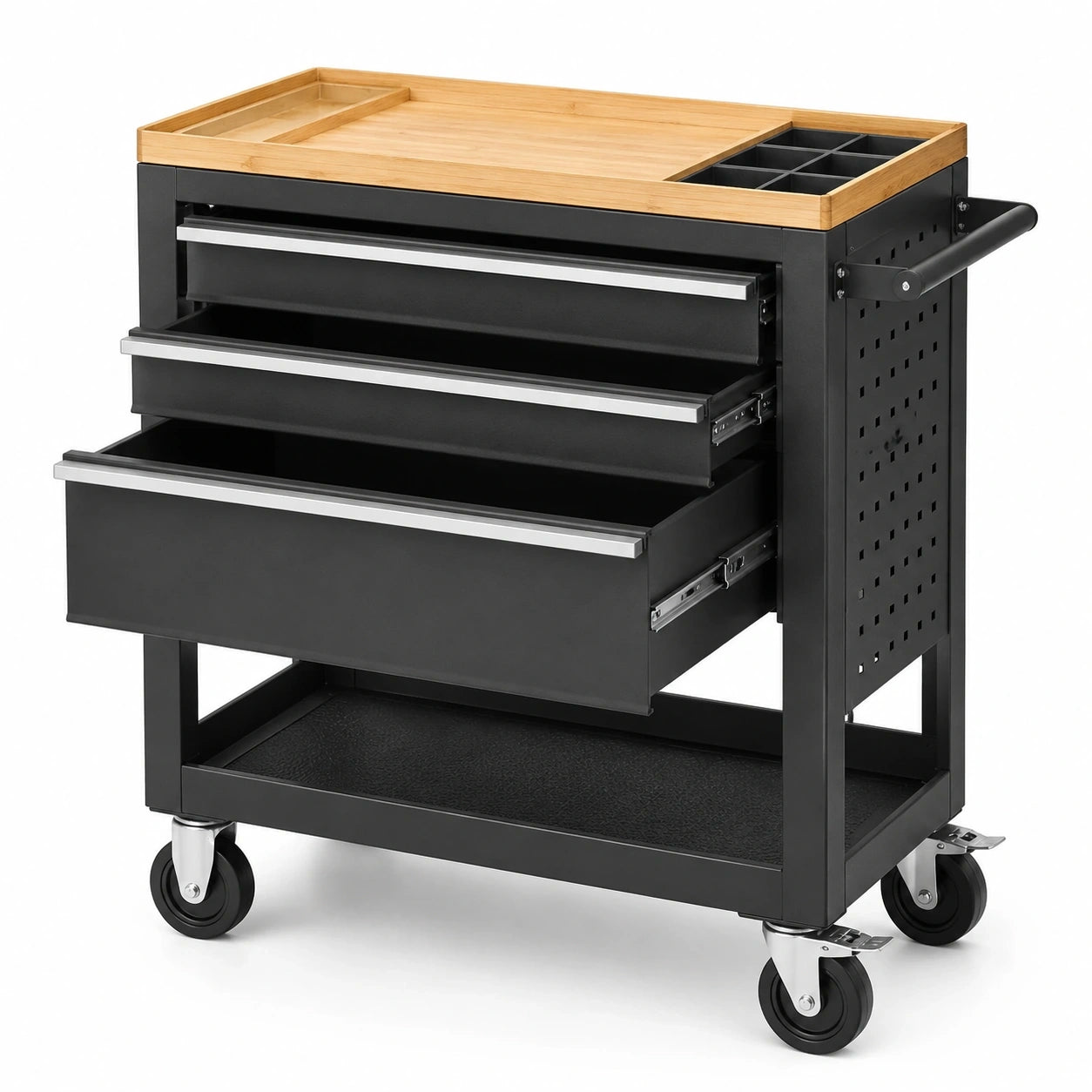 Werkzeugwagen aus schwarzem Stahl mit Bambusarbeitsplatte, 3 Schubladen und Rollen, 77 x 48 x 89 cm