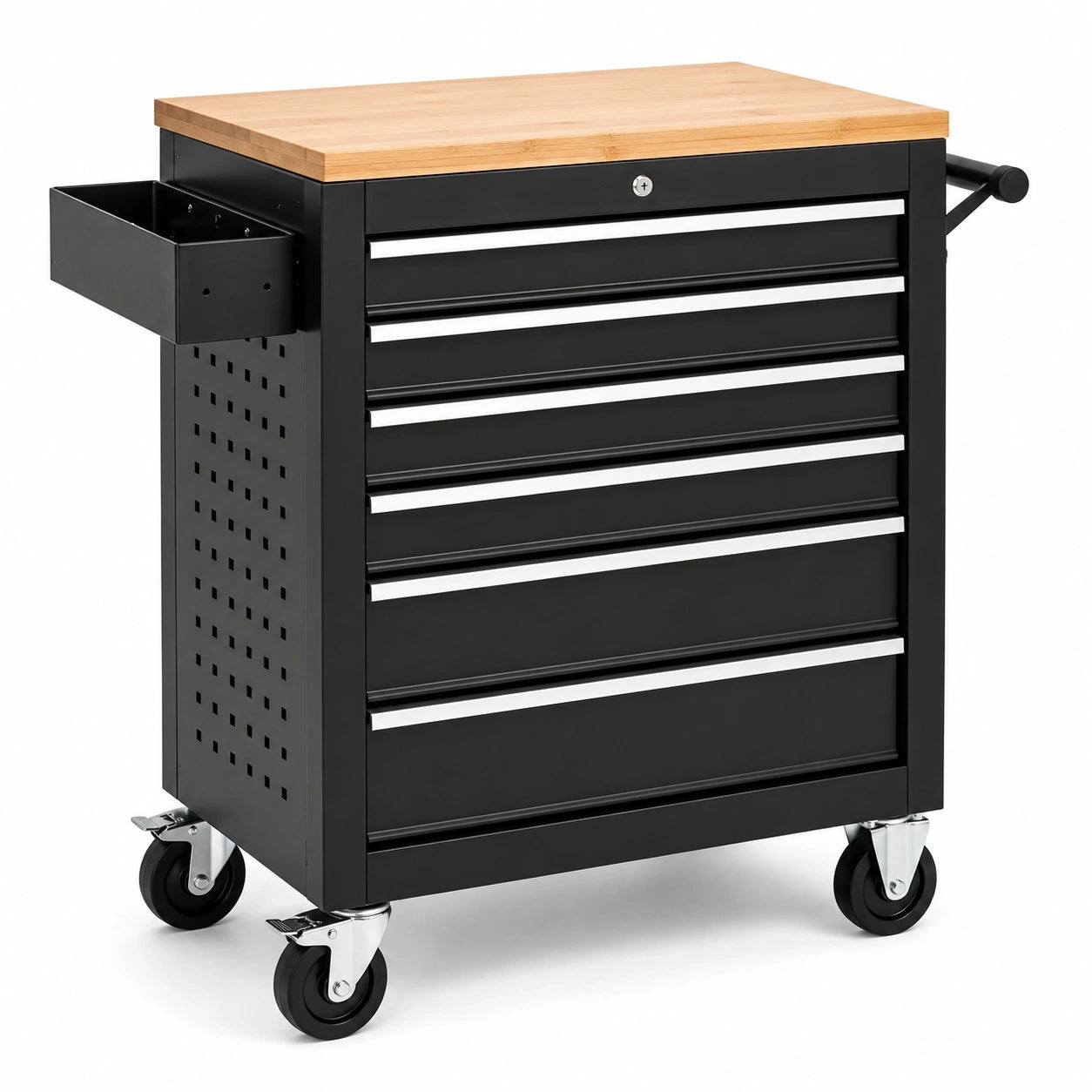 Mobiler Werkzeugwagen mit Bambusarbeitsplatte, 6 Schubladen, Schwarz/Natur/Silber, 77 x 46 x 89 cm