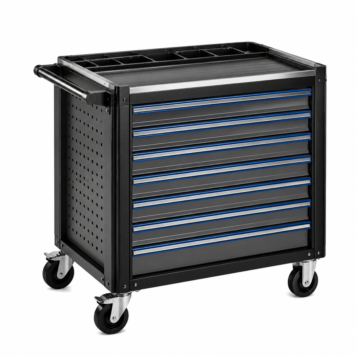 Mobiler Stahl-Werkstattwagen mit 7 Schubladen und 4 Lenkrollen, 82 x 46 x 90 cm, Schwarz/Silber/Blau