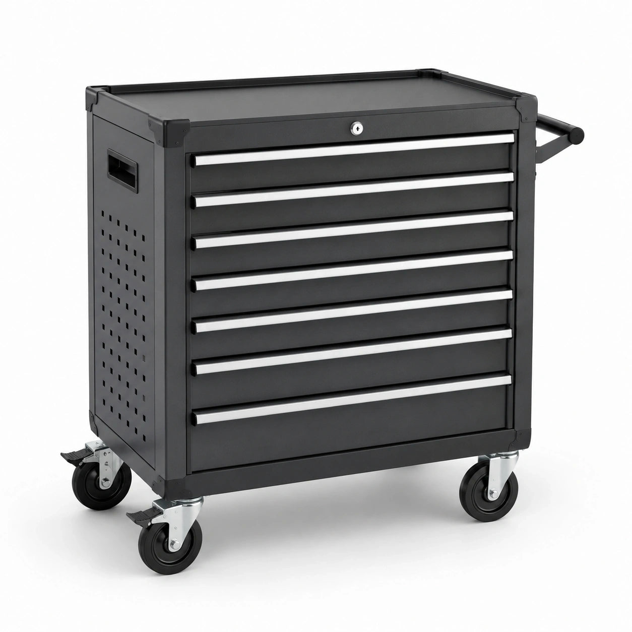 Abschließbarer Stahl-Werkzeugwagen mit 7 Schubladen und Rollen, 77 x 46 x 97 cm, Schwarz/Silber