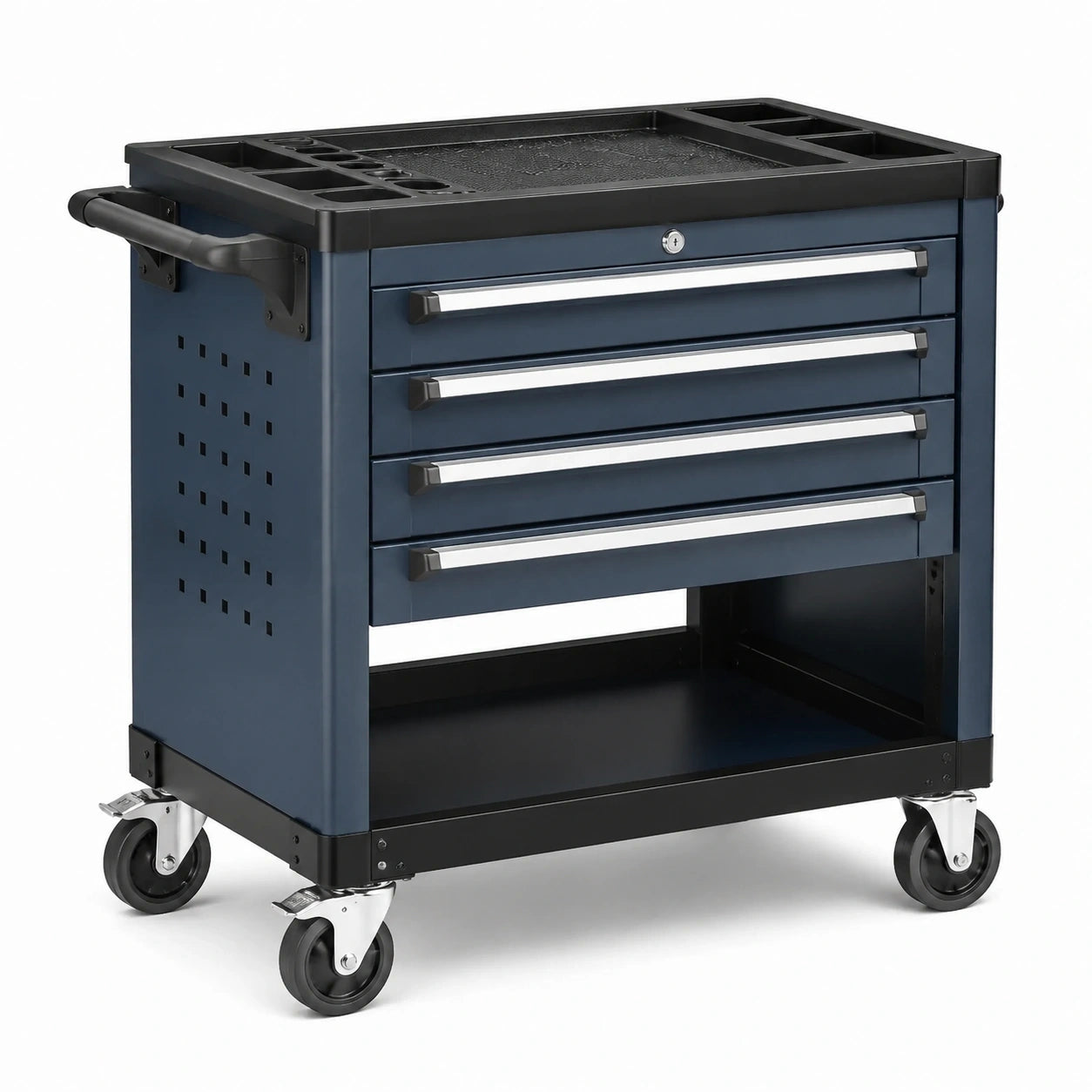 Rollbarer Werkzeugwagen aus Stahl mit 4 Schubladen, 77 x 46 x 88 cm, Dunkelblau/Schwarz/Silberfarben