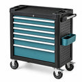 Mobiler Werkzeugwagen aus Stahl mit 7 Schubladen und Rollen, 78 x 48 x 97 cm, Schwarz/Petrol/Silber