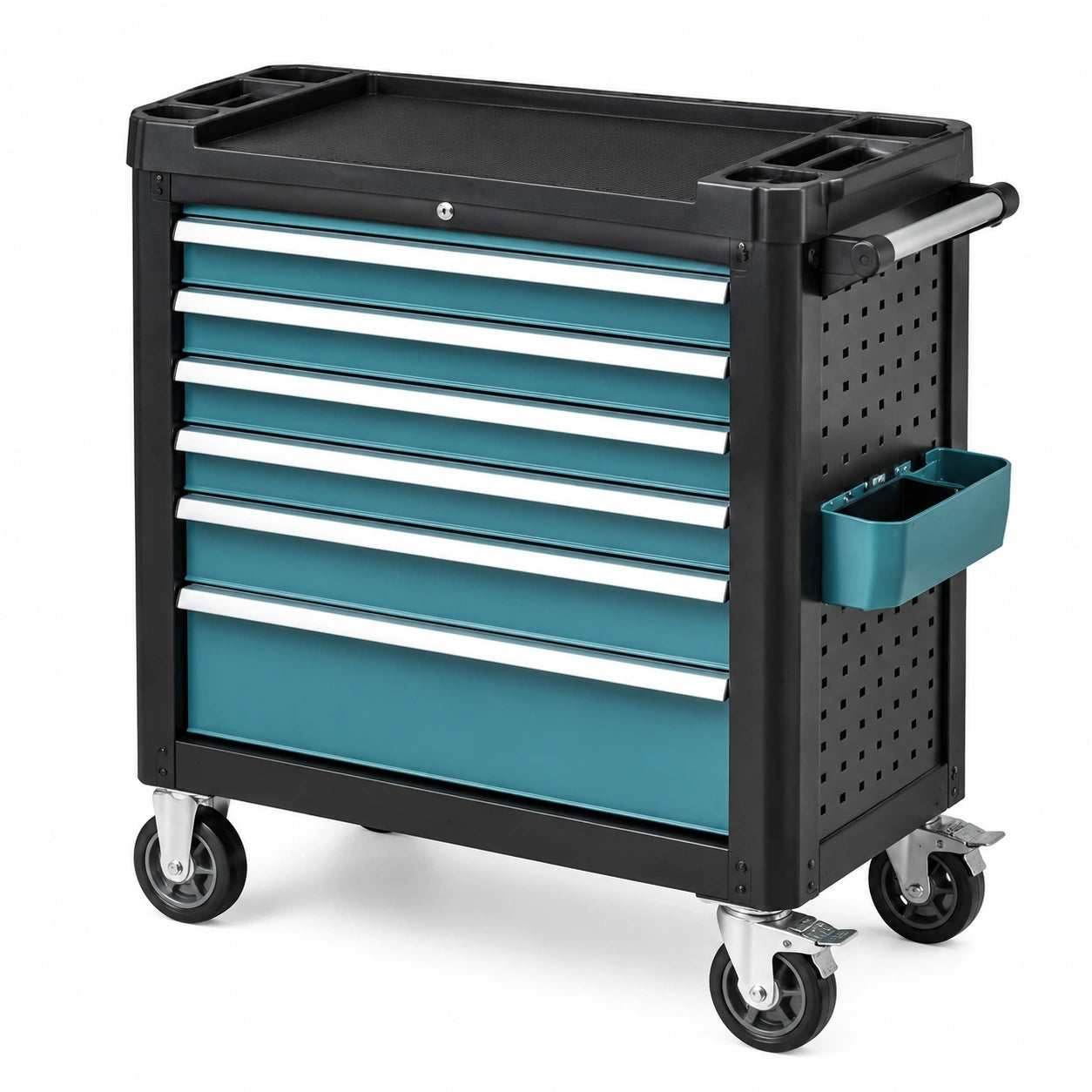 Mobiler Werkzeugwagen aus Stahl mit 7 Schubladen und Rollen, 78 x 48 x 97 cm, Schwarz/Petrol/Silber