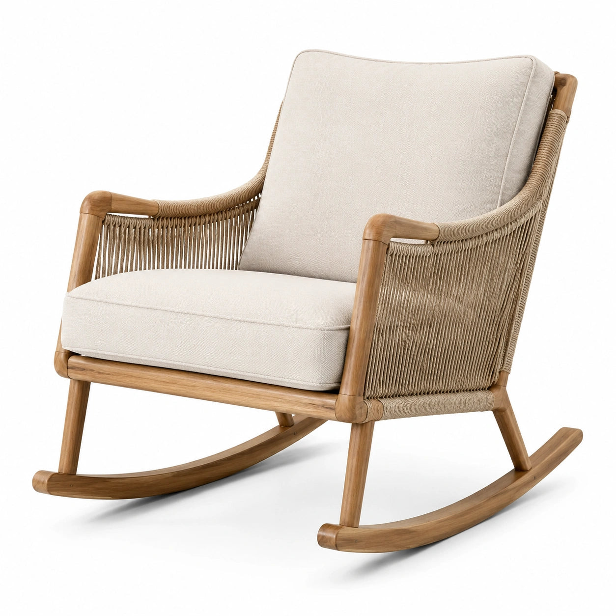 Schaukelstuhl aus Holz mit Seilgeflecht und Polstern, Beige/Naturbraun, 100 x 85 x 95 cm