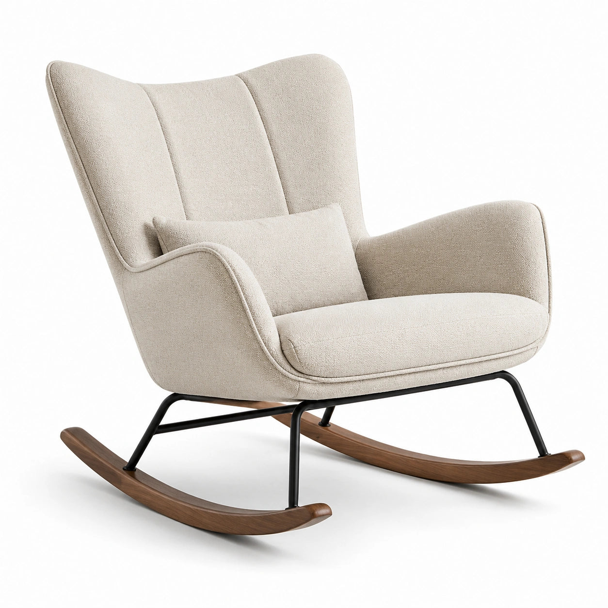 Moderner Schaukelstuhl 98 x 78 x 100 cm in Beige mit braunen Holzkufen und schwarzem Metallgestell
