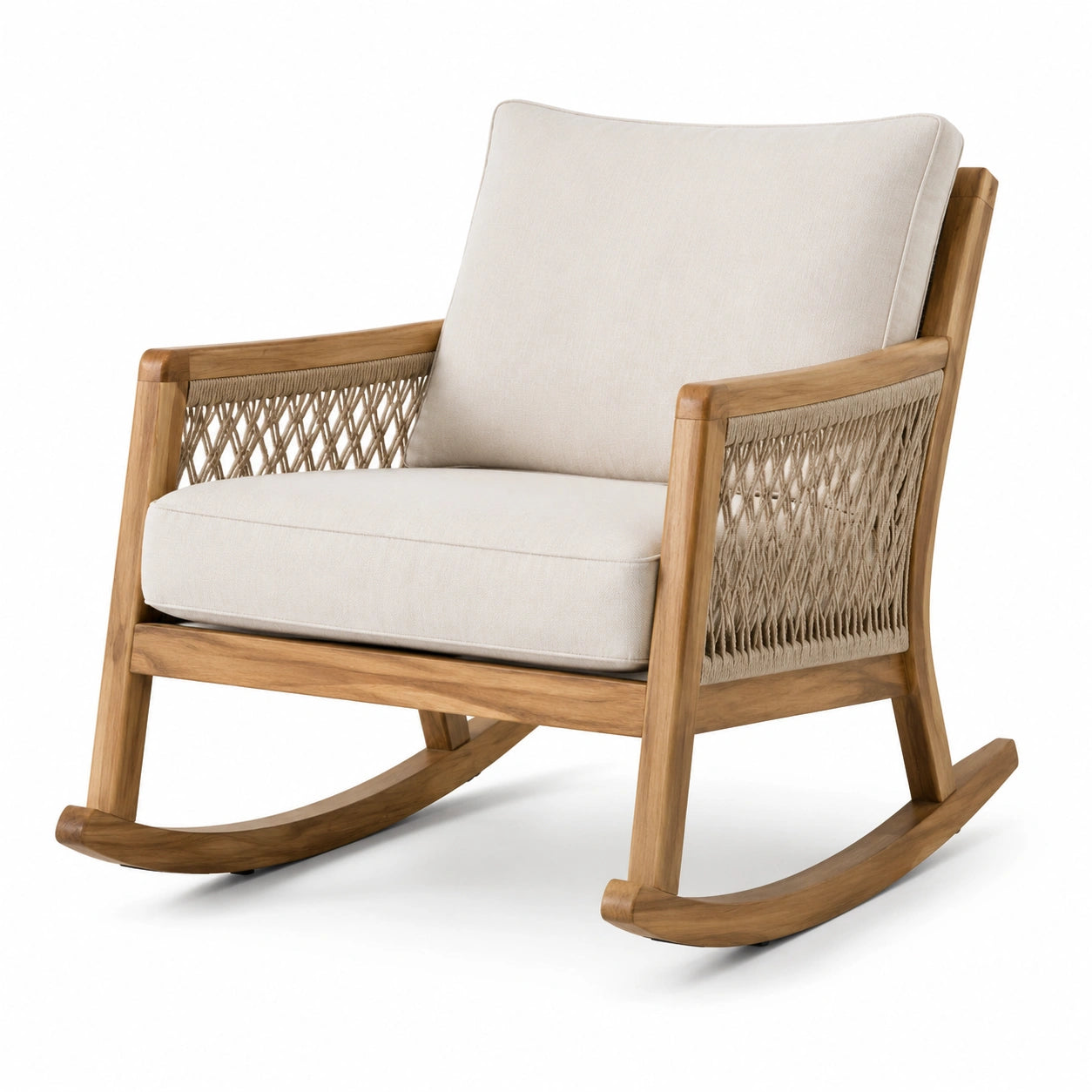 Schaukelstuhl aus Holz mit Polsterung und Seilgeflecht, Natur/Creme/Beige, 76 x 96 x 93 cm