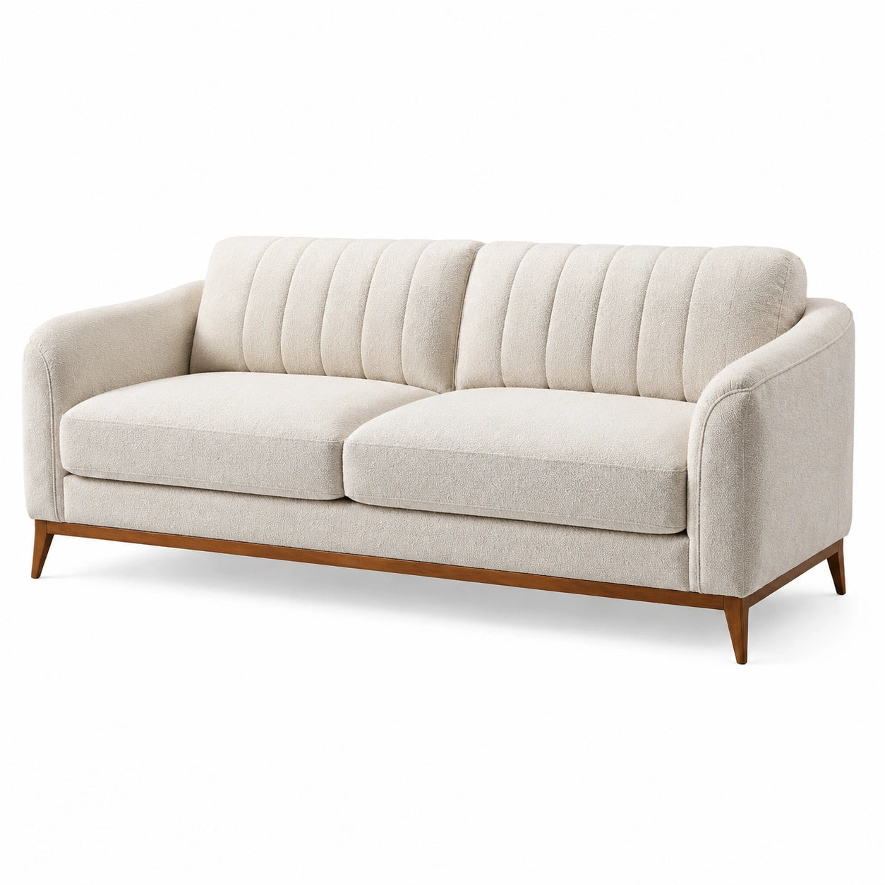 Modernes 3-Sitzer-Sofa, 218 x 90 x 83 cm, Bouclé-Bezug in Creme, Holzgestell in Braun
