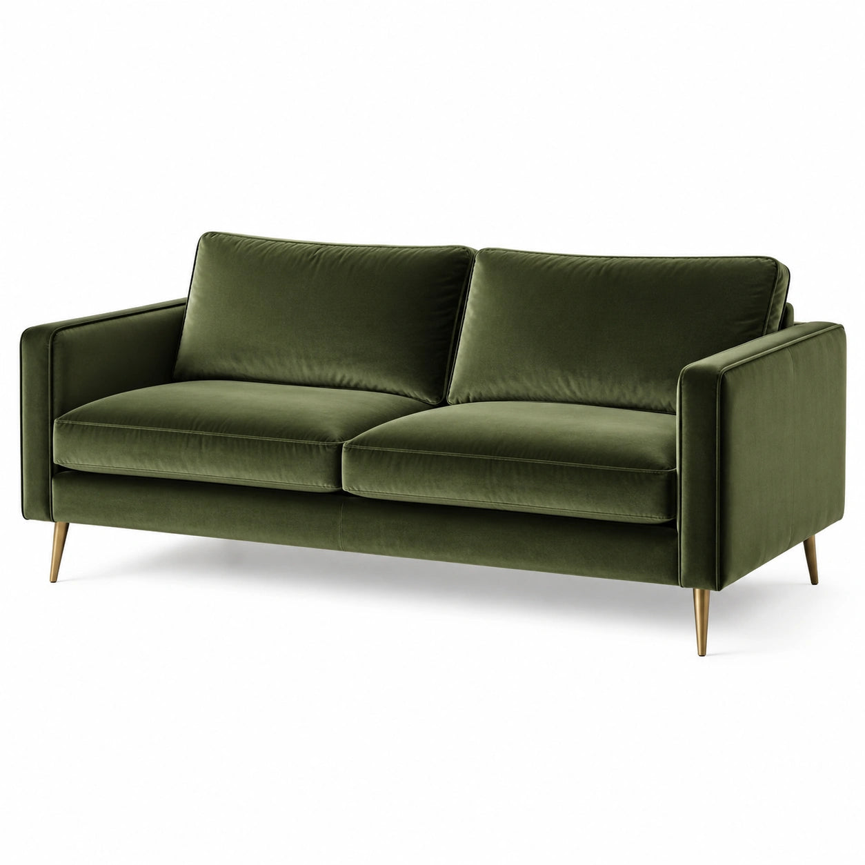 Modernes 2-Sitzer-Sofa aus Samt in Olivgrün mit goldfarbenen Metallfüßen, 175 x 88 x 84 cm
