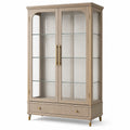 Moderner Vitrinenschrank 100 x 40 x 180 cm in Beige/Goldfarben/Transparent mit 2 Glastüren, 3 Glasböden und Schublade