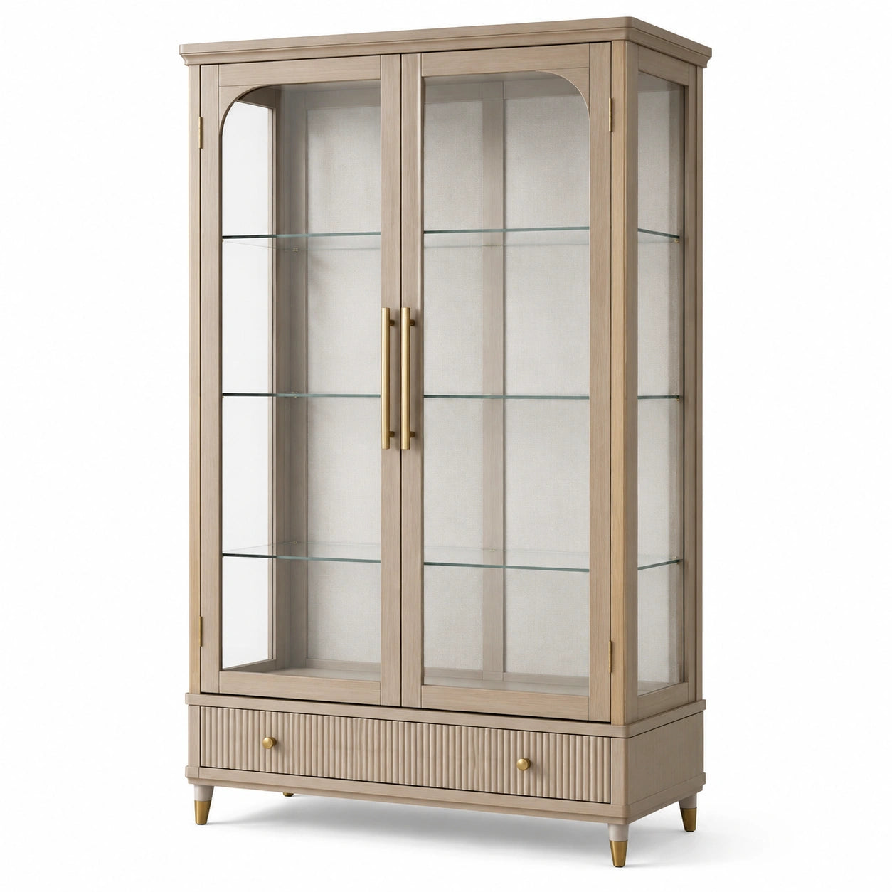 Moderner Vitrinenschrank 100 x 40 x 180 cm in Beige/Goldfarben/Transparent mit 2 Glastüren, 3 Glasböden und Schublade