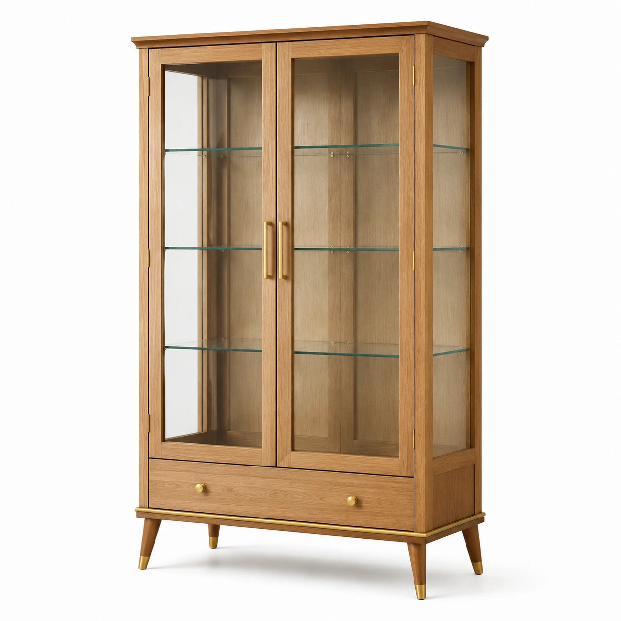 Holzvitrine mit Glastüren und Schublade, 100 x 40 x 180 cm, Eichefarben