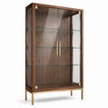 Moderner Vitrinenschrank aus Holzwerkstoff und Glas, Dunkelbraun/Transparent/Goldfarben, 100 x 40 x 180 cm, mit 2 Glastüren und 3 Glasböden