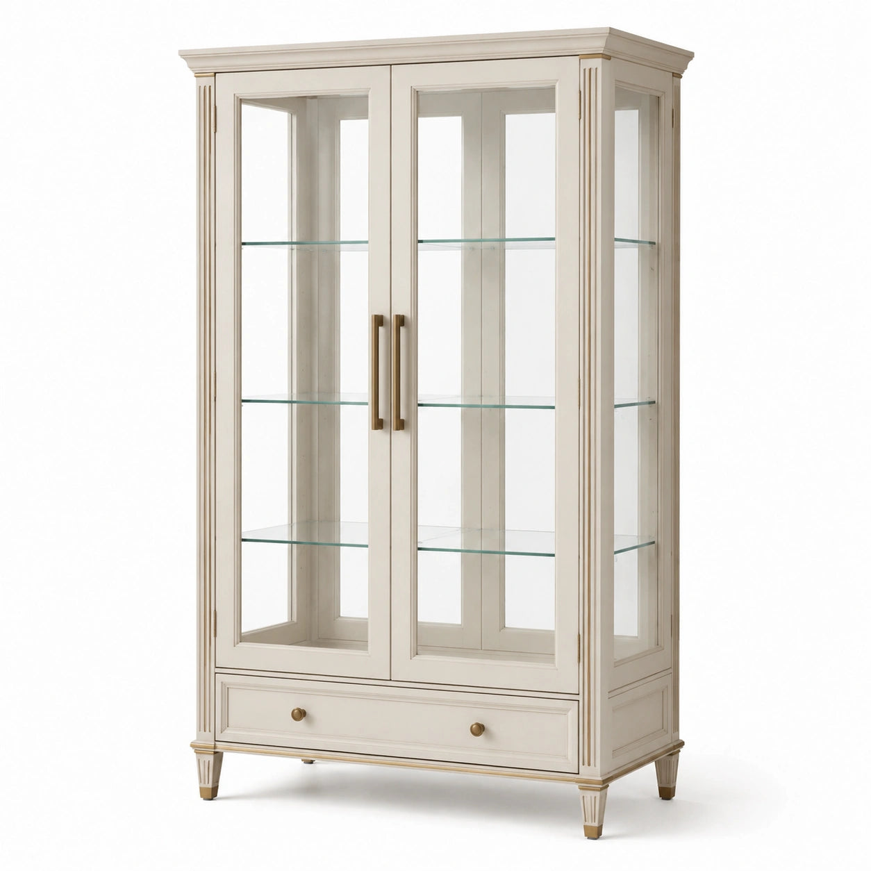 Klassischer Vitrinenschrank aus Holz und Glas, Cremeweiß/Gold/Transparent, 110 x 45 x 200 cm, mit 2 Türen, 3 Glasböden und 1 Schublade