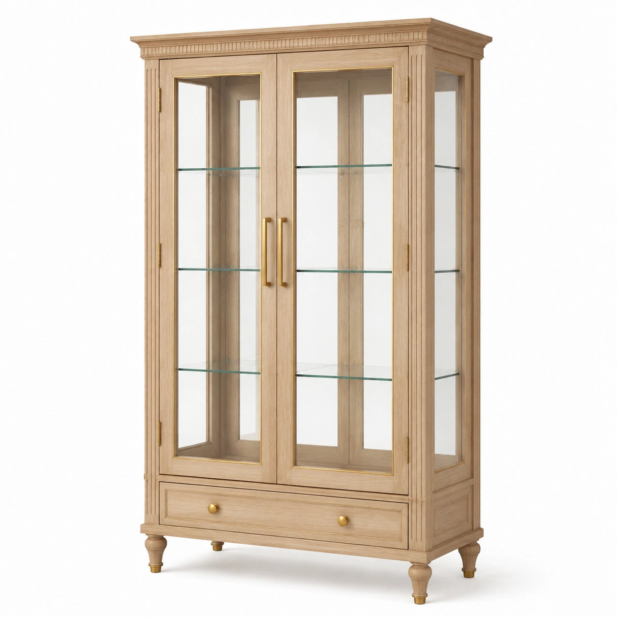 Klassische Vitrine in Naturholzoptik mit 3 Glasablagen und Schublade, 100 x 45 x 190 cm