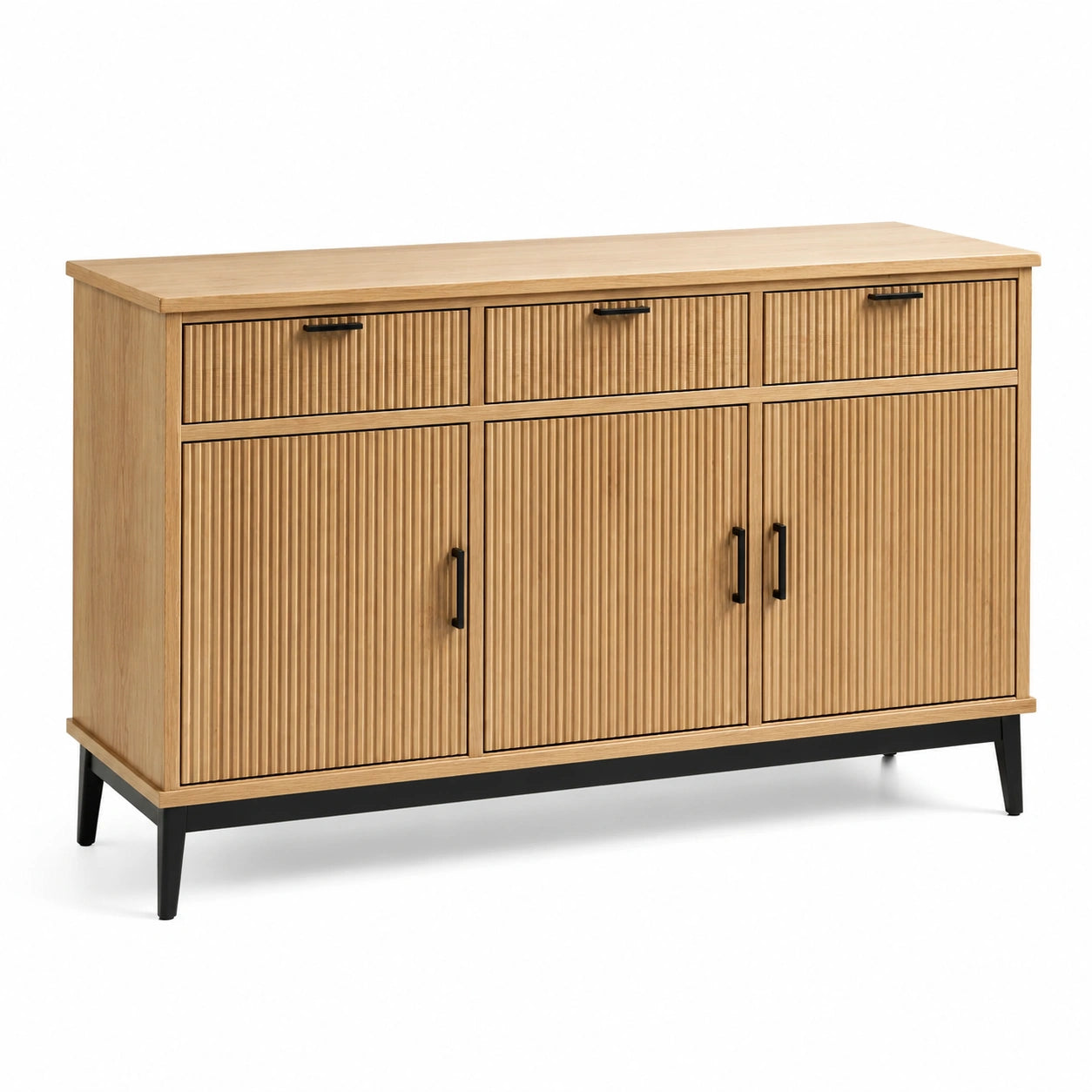 Sideboard in Natur/Schwarz, 140 x 40 x 85 cm, geriffelte Fronten, 3 Schubladen und 3 Türen