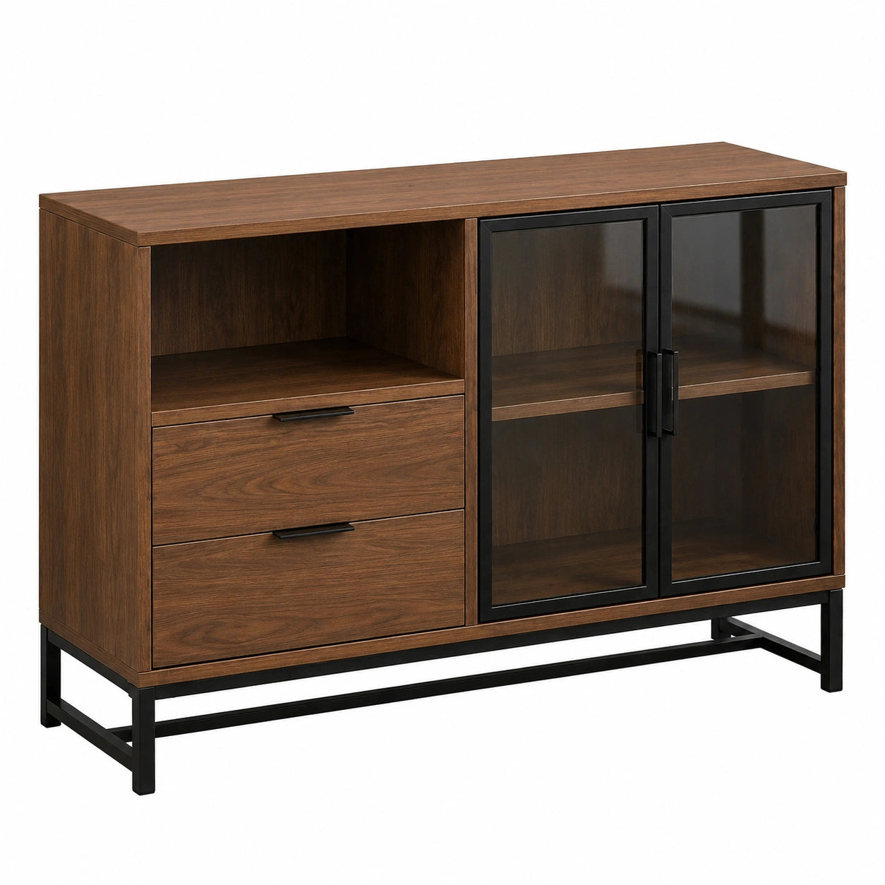 Sideboard aus Holzwerkstoff, 120 x 40 x 85 cm, Braun/Schwarz, mit 2 Schubladen und 2 Glastüren