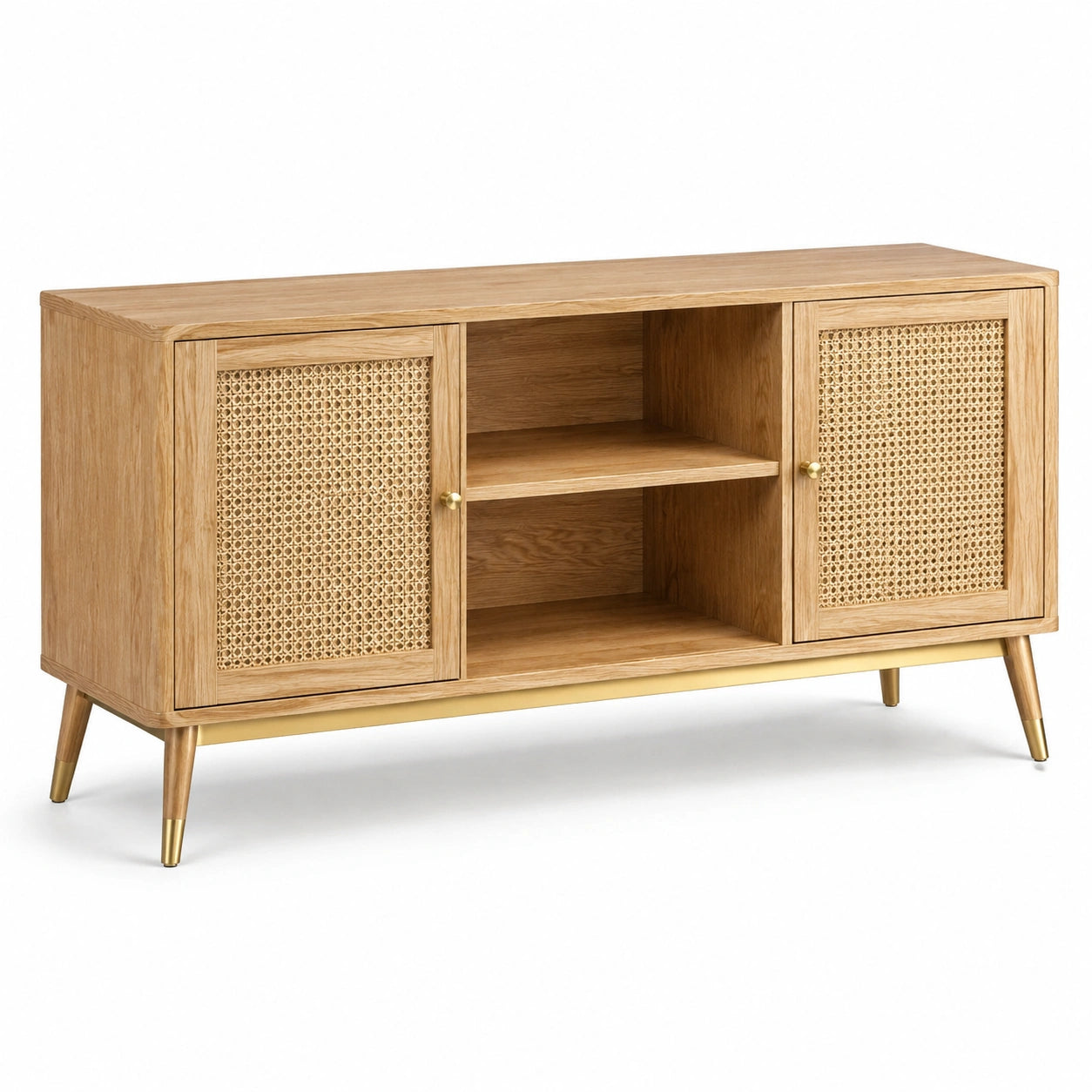 Sideboard mit Rattangeflecht, 2 Türen und 2 offenen Fächern, Natur/Gold, 140 x 40 x 75 cm