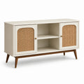 Sideboard aus Holzwerkstoff und Rattan, Elfenbein/Naturbraun, 140 x 40 x 80 cm, 2 Türen und 2 offene Fächer, Retro-Stil