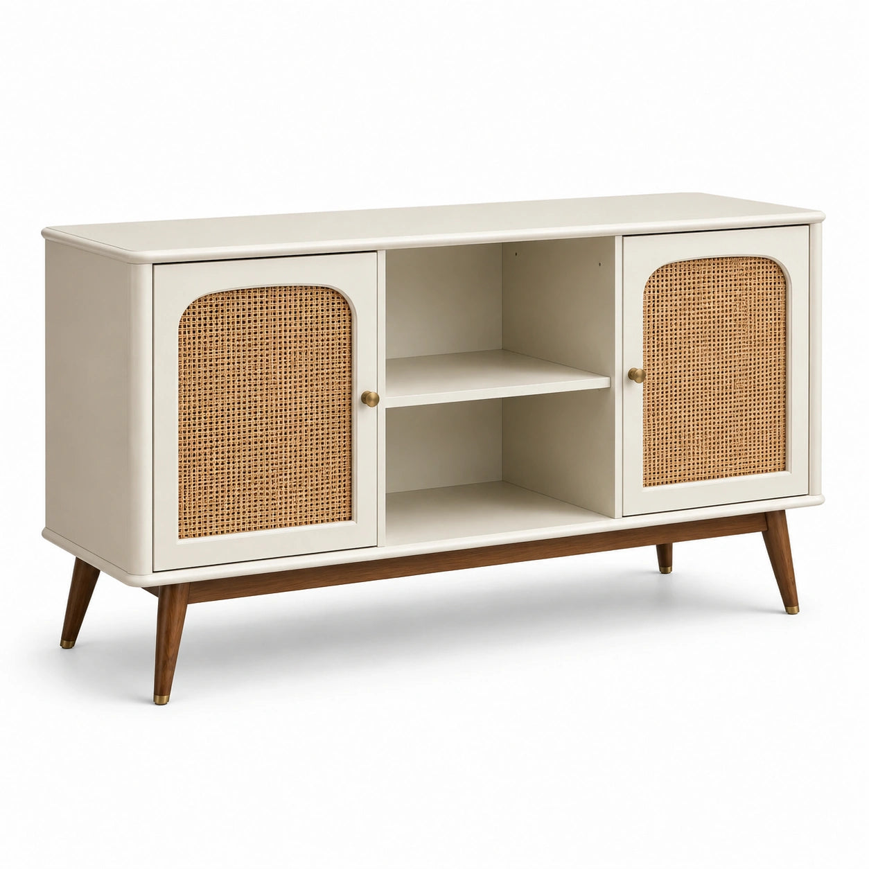 Sideboard aus Holzwerkstoff und Rattan, Elfenbein/Naturbraun, 140 x 40 x 80 cm, 2 Türen und 2 offene Fächer, Retro-Stil
