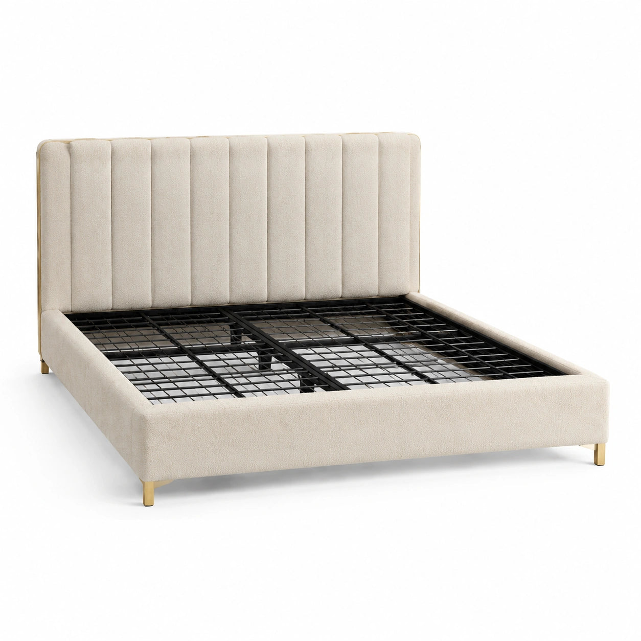 Modernes Polsterbett 160 x 200 cm in Creme mit Bouclé-Bezug, Metallunterfederung und hohem Kopfteil