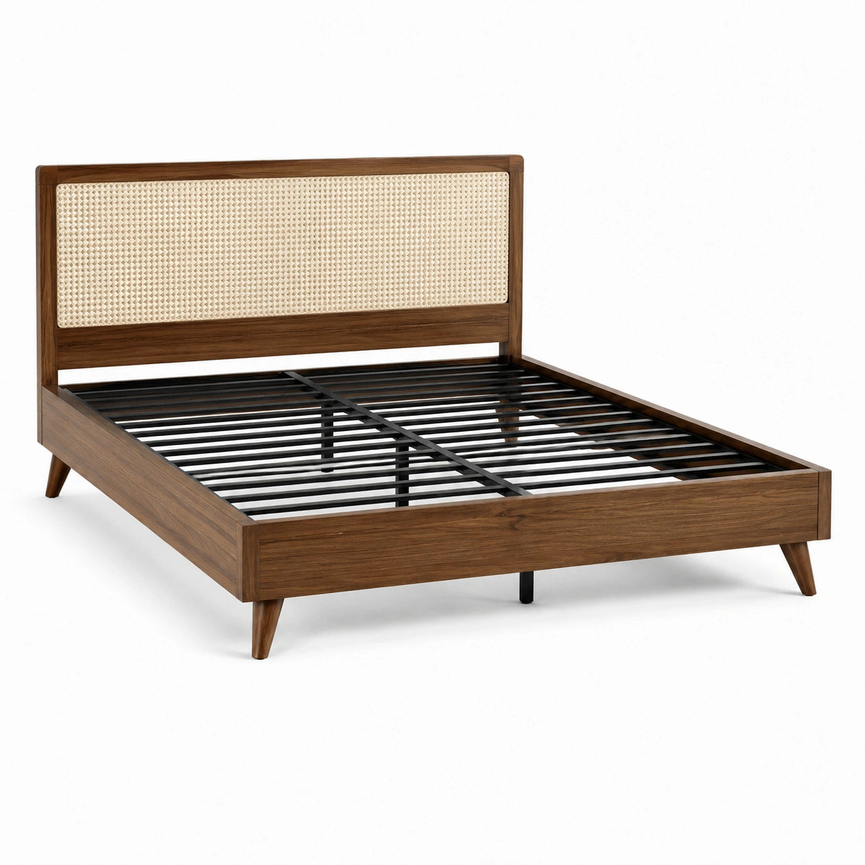 Bettgestell 210 x 166 x 110 cm für Matratze 160 x 200 cm, Braun/Natur/Schwarz, mit Rattangeflecht und Metall-Lattenrost