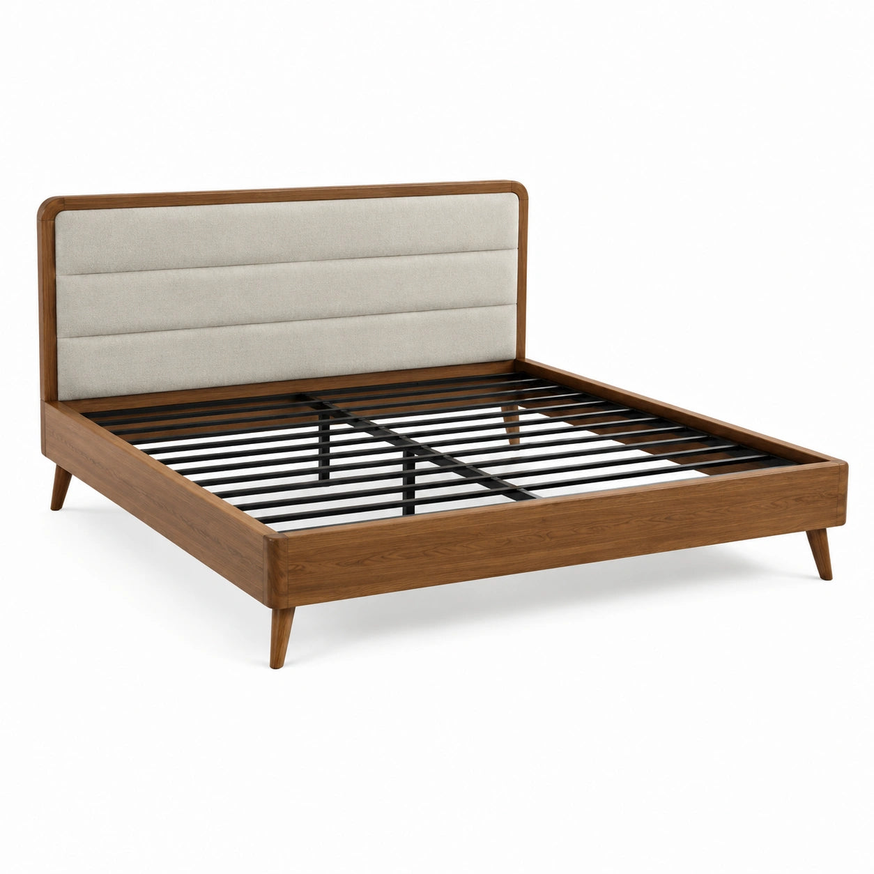 Bettgestell 160 x 200 cm, Gesamtmaß 216 x 169 x 110 cm, Braun/Beige/Schwarz, gepolstertes Kopfteil
