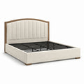Gepolstertes Bett in Beige mit brauner Holzoptik und schwarzem Metall-Lattenrost, 220 x 178 x 130 cm, für Matratzen 160 x 200 cm