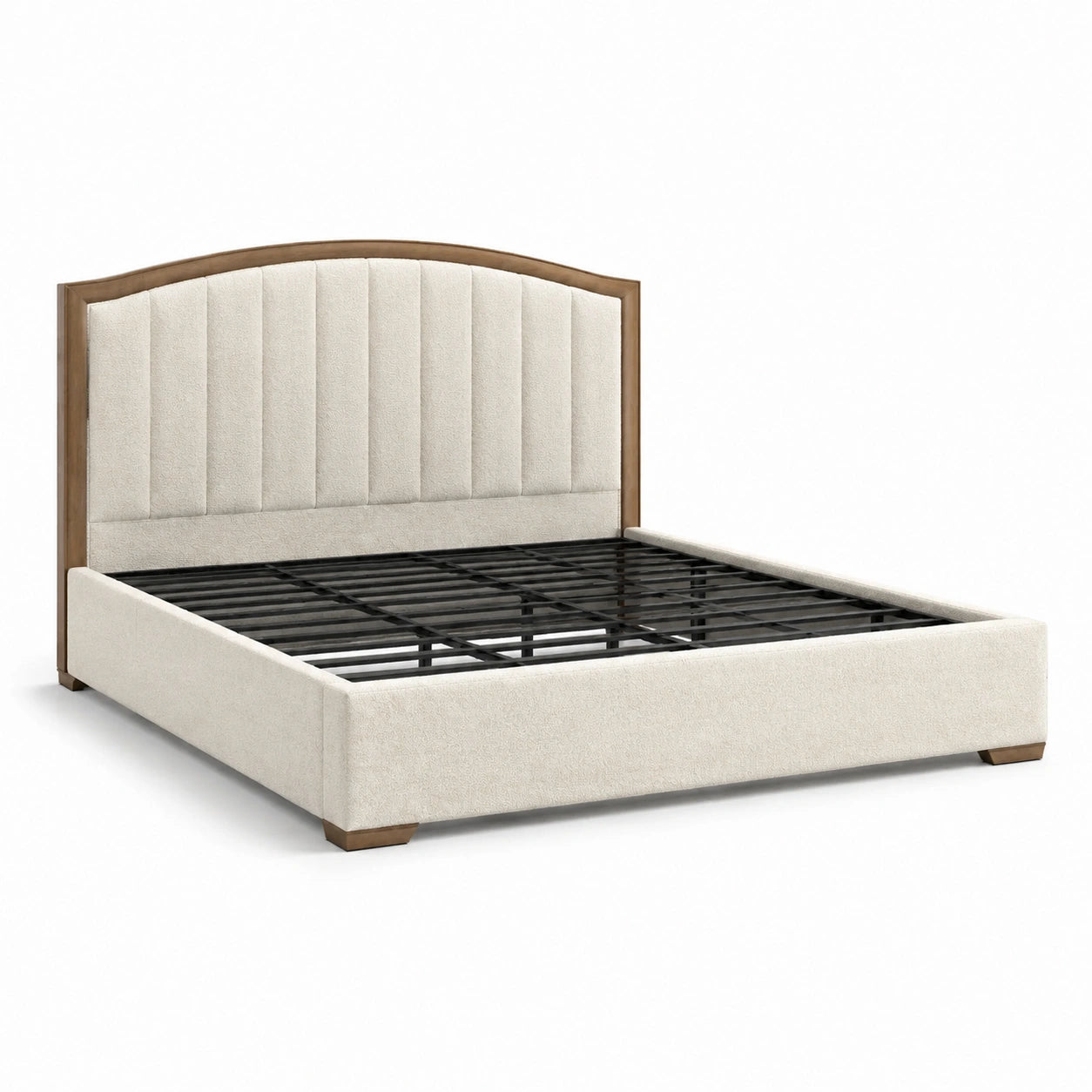 Gepolstertes Bett in Beige mit brauner Holzoptik und schwarzem Metall-Lattenrost, 220 x 178 x 130 cm, für Matratzen 160 x 200 cm