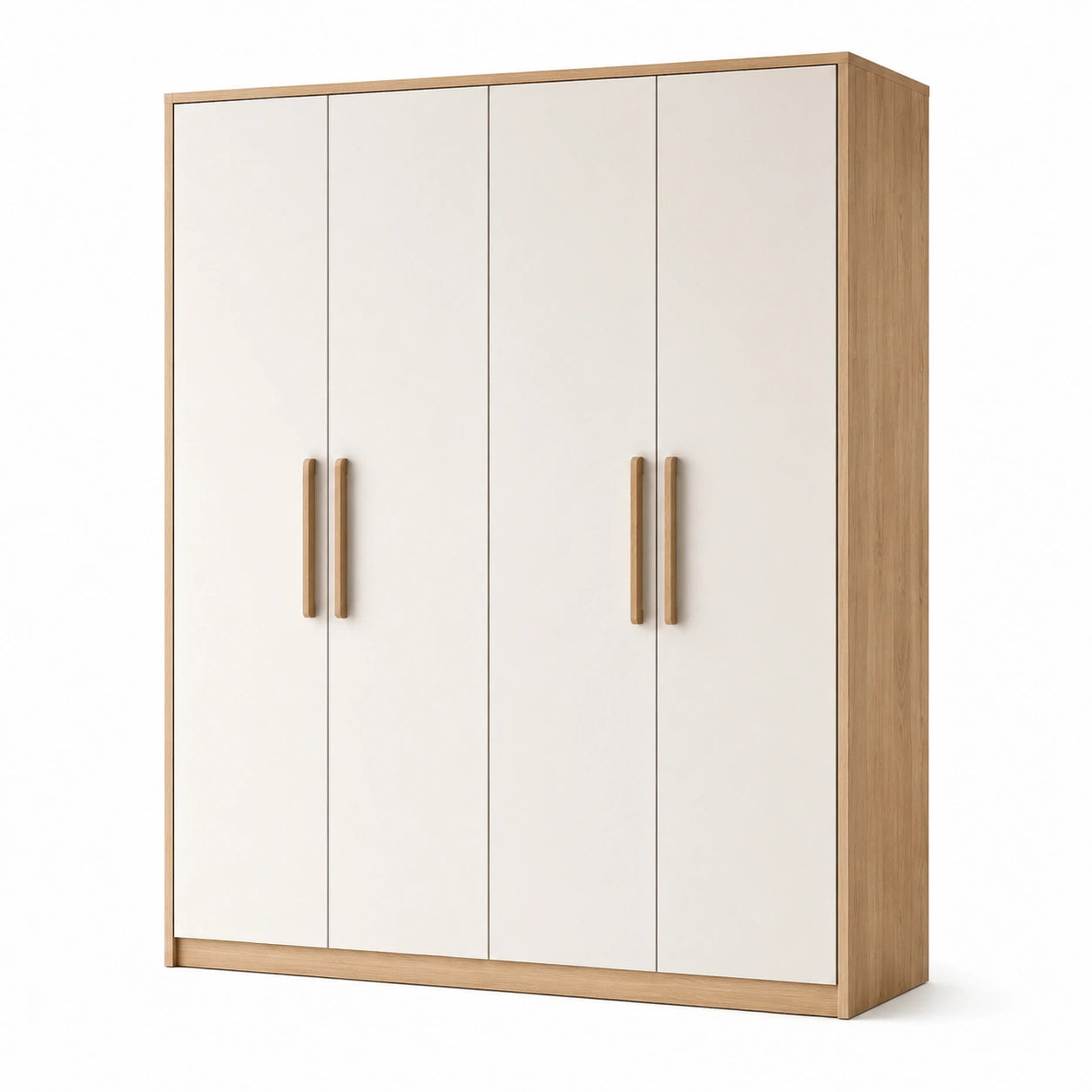 Viertüriger Kleiderschrank aus Holzwerkstoff, Weiß/Helle Eiche, 200 x 55 x 220 cm, modern