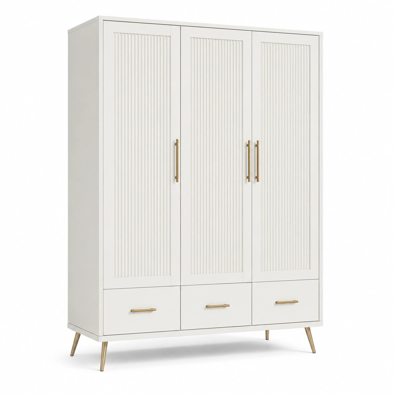 Kleiderschrank mit 3 Türen und 3 Schubladen, geriffelte Fronten, Weiß/Gold, 150 x 55 x 200 cm