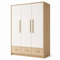 Kleiderschrank mit 3 Türen und 3 Schubladen, 150 x 55 x 200 cm, Weiß/Natur/Gold