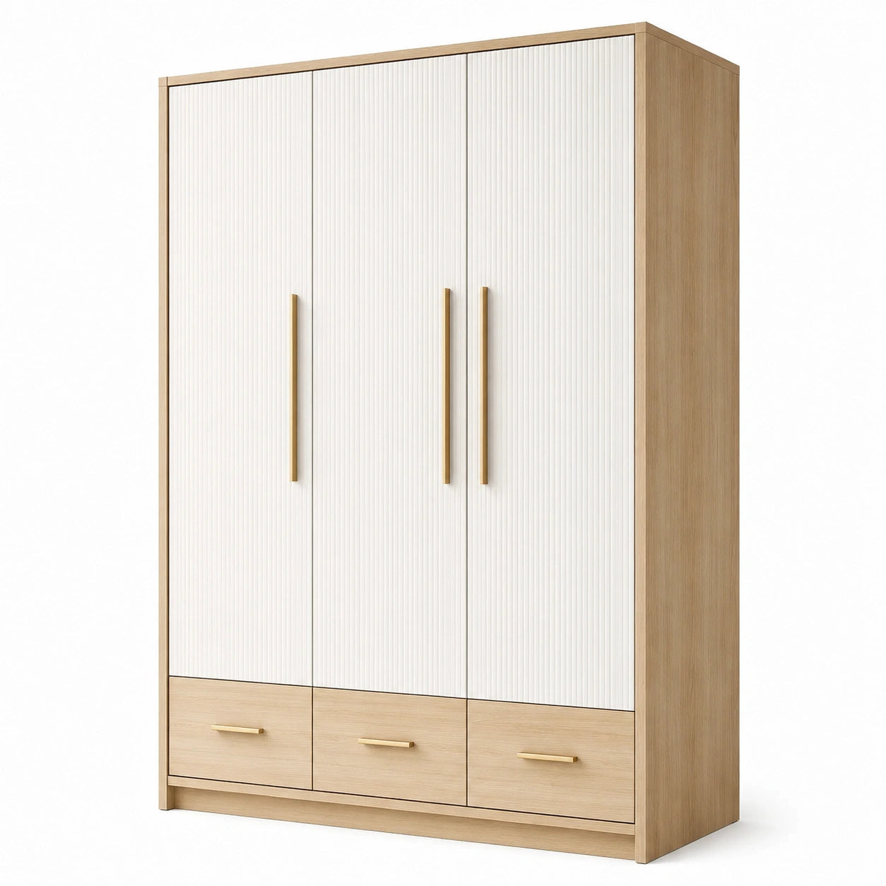 Kleiderschrank mit 3 Türen und 3 Schubladen, 150 x 55 x 200 cm, Weiß/Natur/Gold