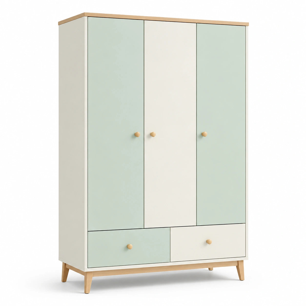 Kleiderschrank mit 3 Türen und 2 Schubladen, 120 x 50 x 190 cm, Mintgrün/Cremeweiß/Naturholz