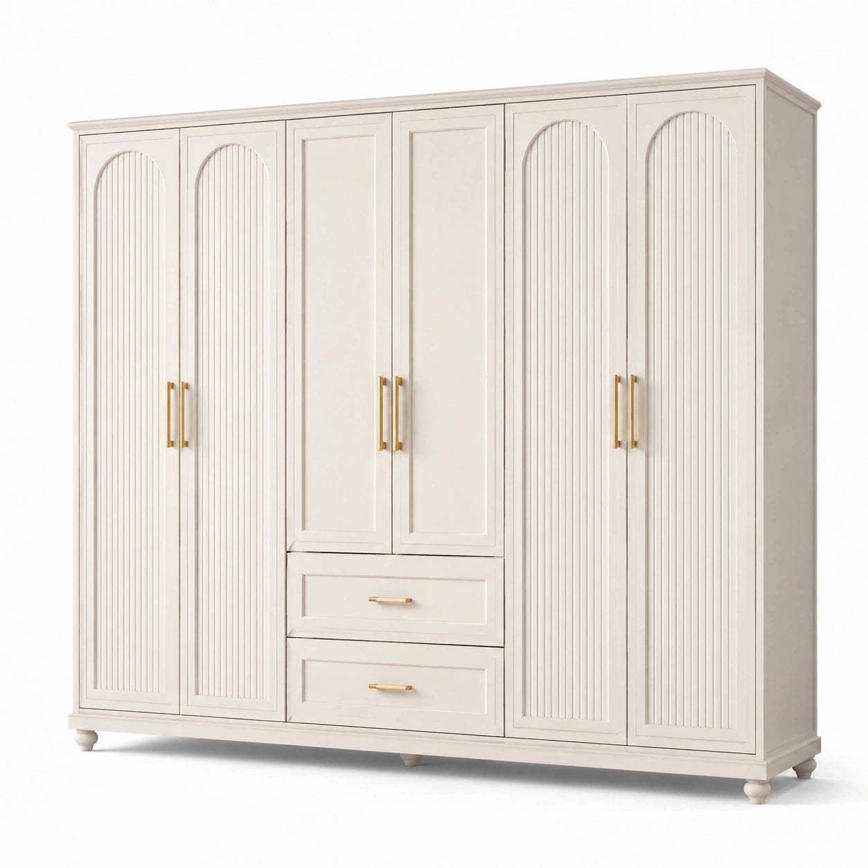 Kleiderschrank mit 6 Türen und 2 Schubladen, 250 x 60 x 220 cm, Cremeweiß mit goldfarbenen Griffen, Landhausstil
