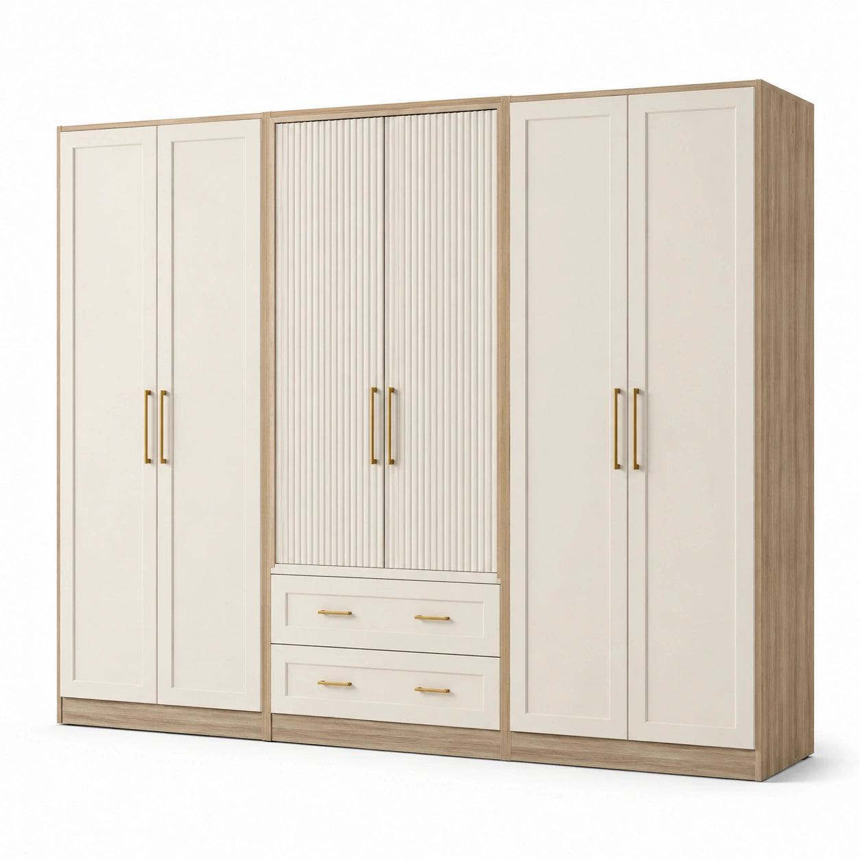 Kleiderschrank mit 6 Türen und 2 Schubladen, 300 x 60 x 220 cm, Creme/Hellbraun, Landhausstil