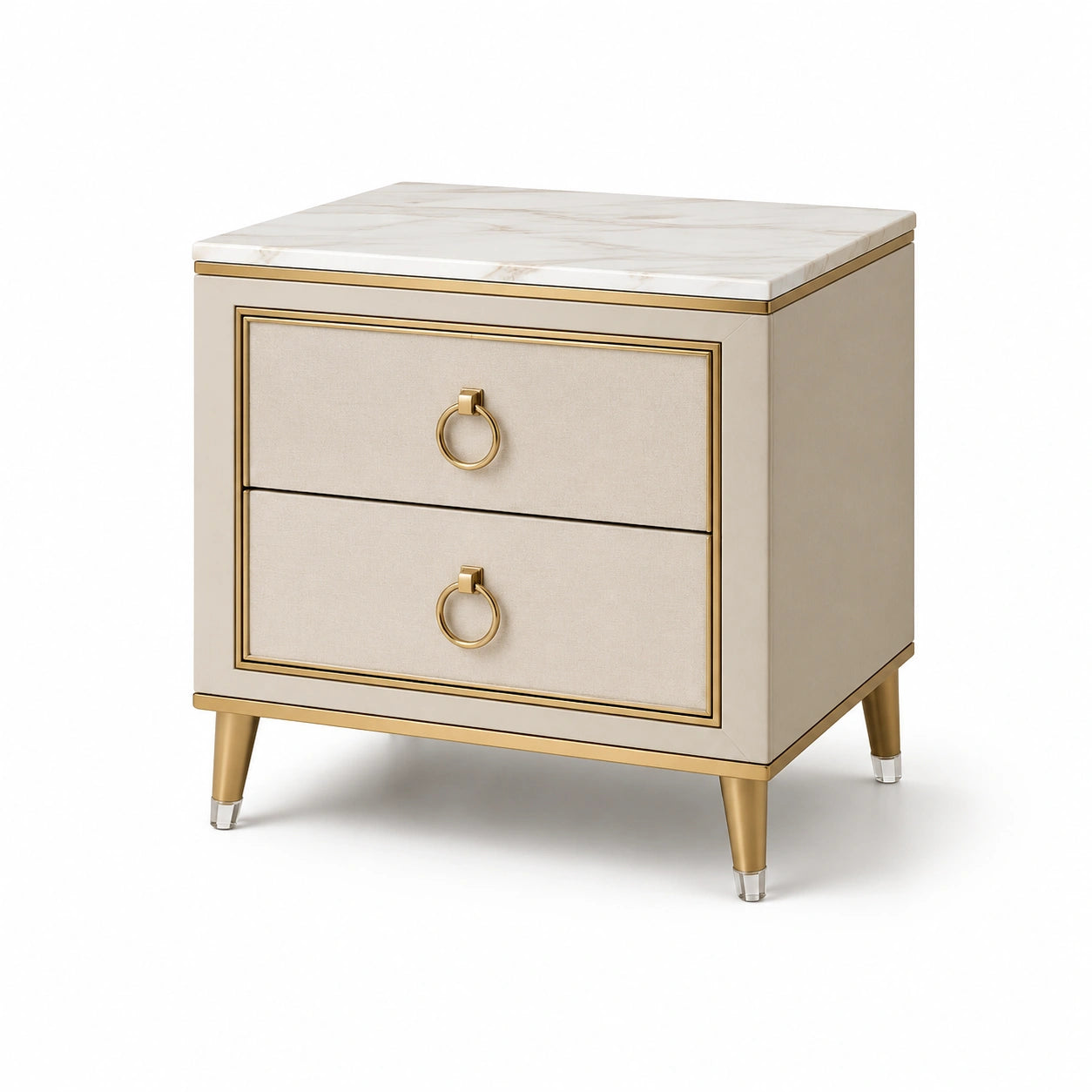 Eleganter Nachttisch mit 2 Schubladen, 55 x 42 x 58 cm, Beige/Weiß/Goldfarben, Deckplatte in Marmoroptik