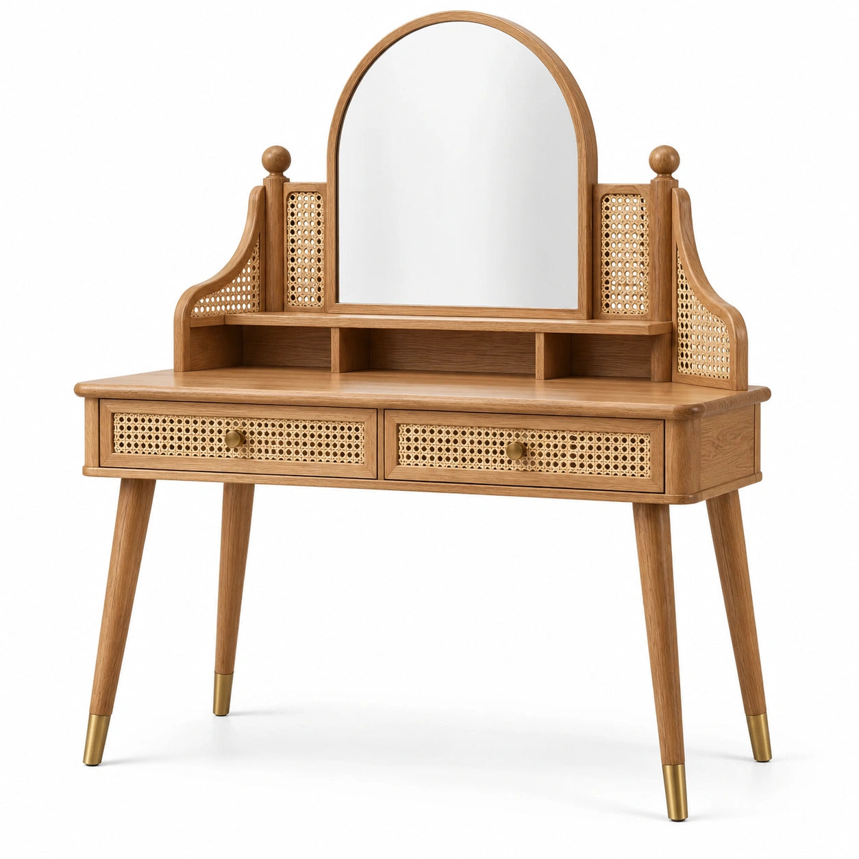 Schminktisch aus Holz mit Rattangeflecht, Spiegel und 2 Schubladen, Braun/Beige/Gold, 110 x 50 x 145 cm