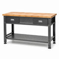 Werkbank aus Holz und Stahl mit 2 Schubladen und Ablageboden, 120 x 60 x 90 cm, Schwarz/Natur
