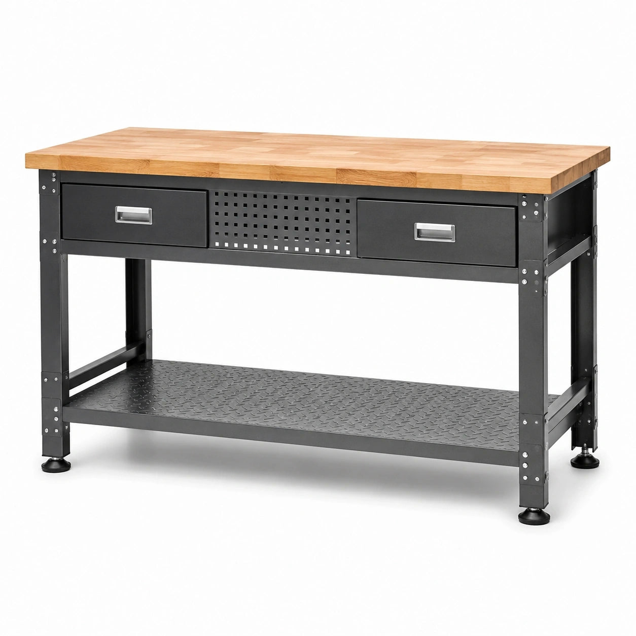 Werkbank aus Holz und Stahl mit 2 Schubladen und Ablageboden, 120 x 60 x 90 cm, Schwarz/Natur