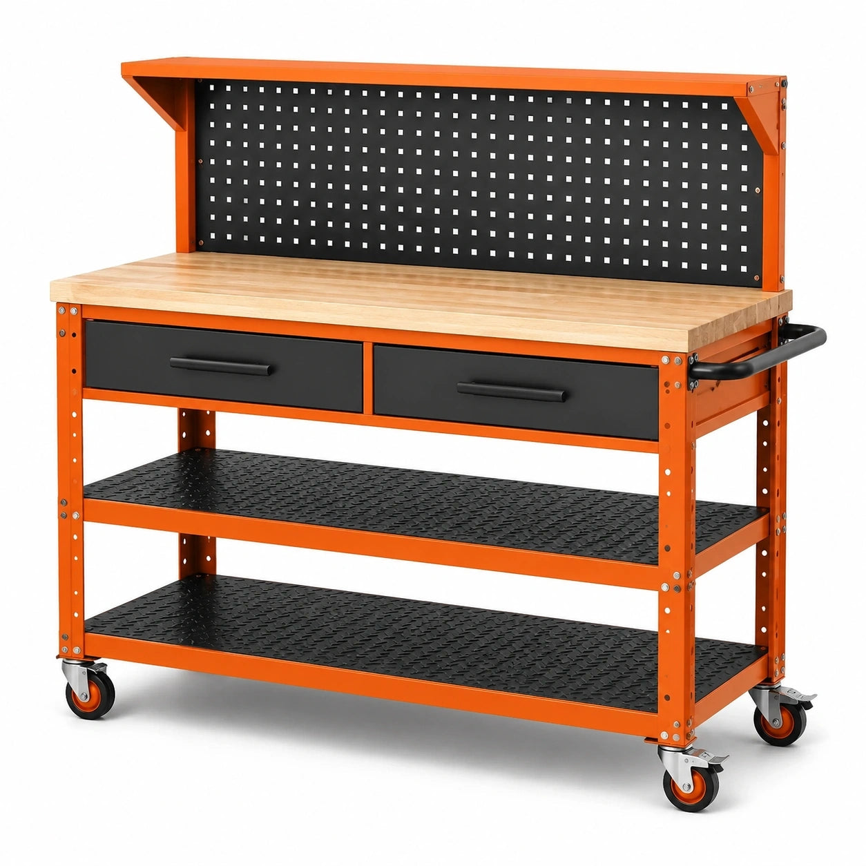 Mobile Werkbank aus Stahl und Holz, 120 x 60 x 150 cm, Orange/Schwarz/Natur, mit 2 Schubladen, Lochwand, Ablagen und Rollen
