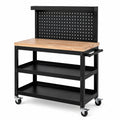 Mobile Werkbank aus Stahl und Holz mit Lochwand, Rollen und Ablagen, 120 x 60 x 150 cm, Schwarz/Naturfarben