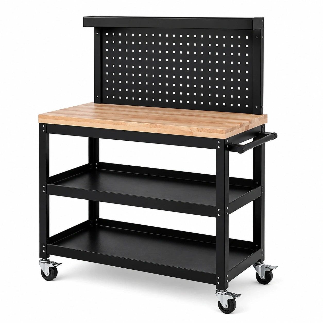 Mobile Werkbank aus Stahl und Holz mit Lochwand, Rollen und Ablagen, 120 x 60 x 150 cm, Schwarz/Naturfarben