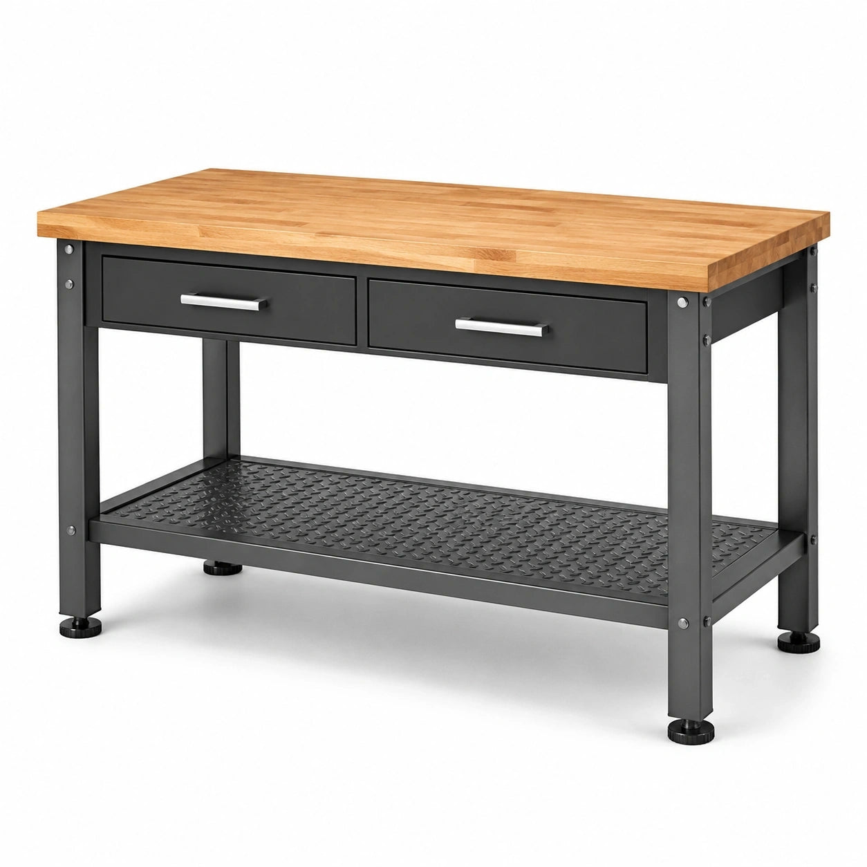 Werkbank aus Holz und Stahl mit 2 Schubladen und Ablageboden, Schwarz/Natur/Silber, 120 x 60 x 85 cm