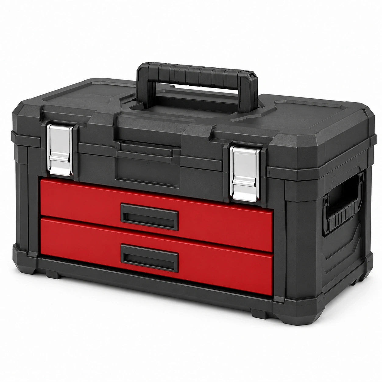 Werkzeugkoffer mit 2 Schubladen, Deckelfach und Tragegriff, 56 x 35 x 39 cm, Schwarz/Rot/Silber